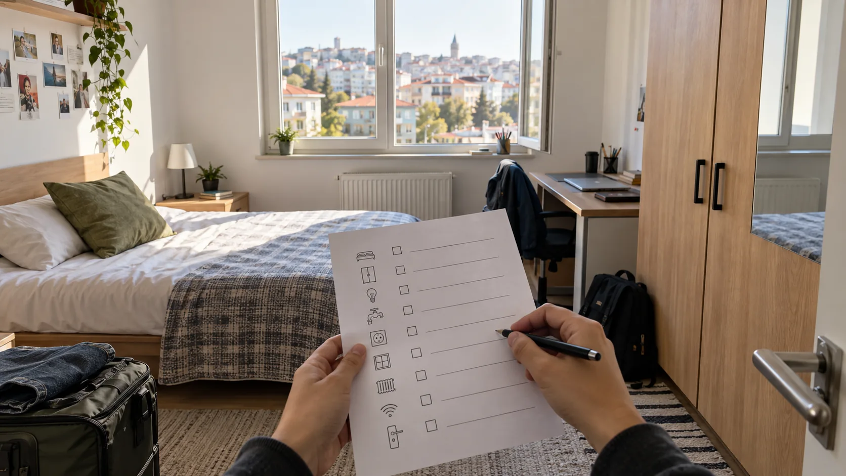 Öğrenci apartı odasını kontrol eden kişinin elindeki kontrol listesi