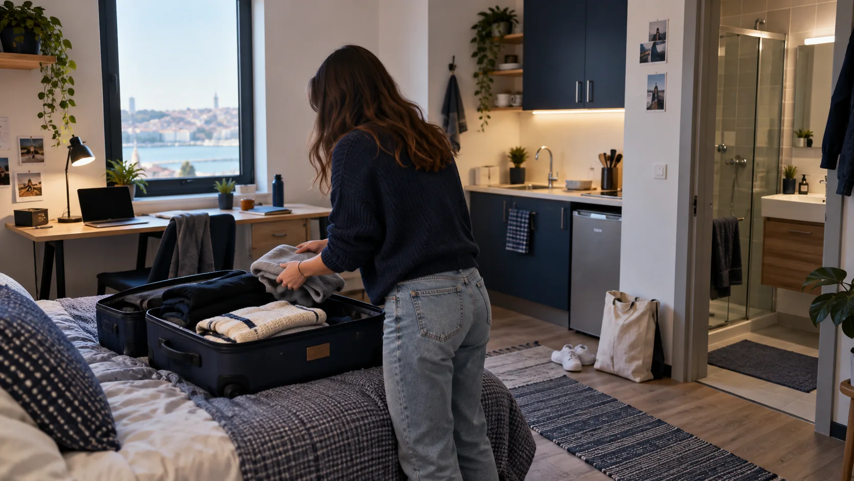 Yeni öğrenci apartı odasına valizini yerleştiren genç