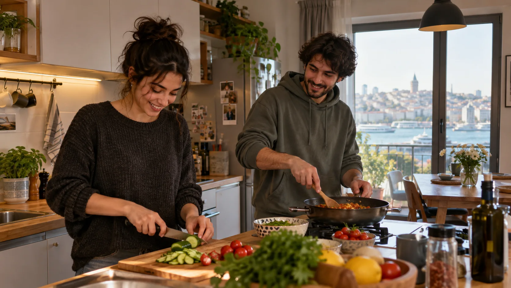 Ortak mutfakta birlikte yemek hazırlayan iki ev arkadaşı