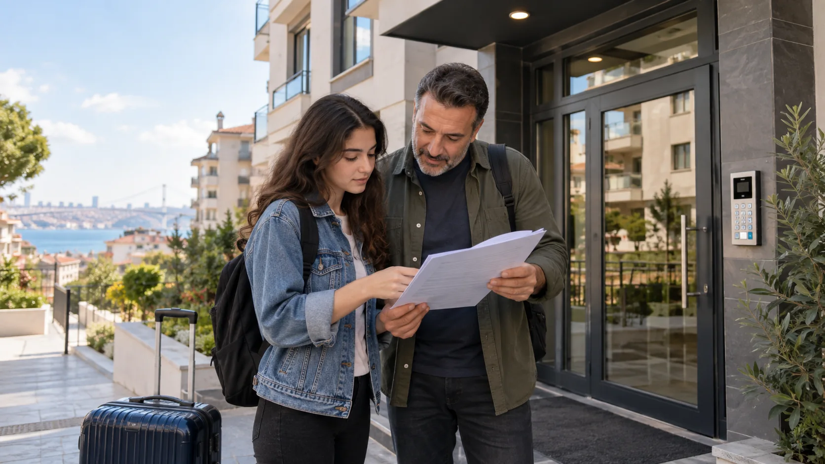 Kiralık daireyi incelerken bina girişini kontrol eden öğrenci ve yakını