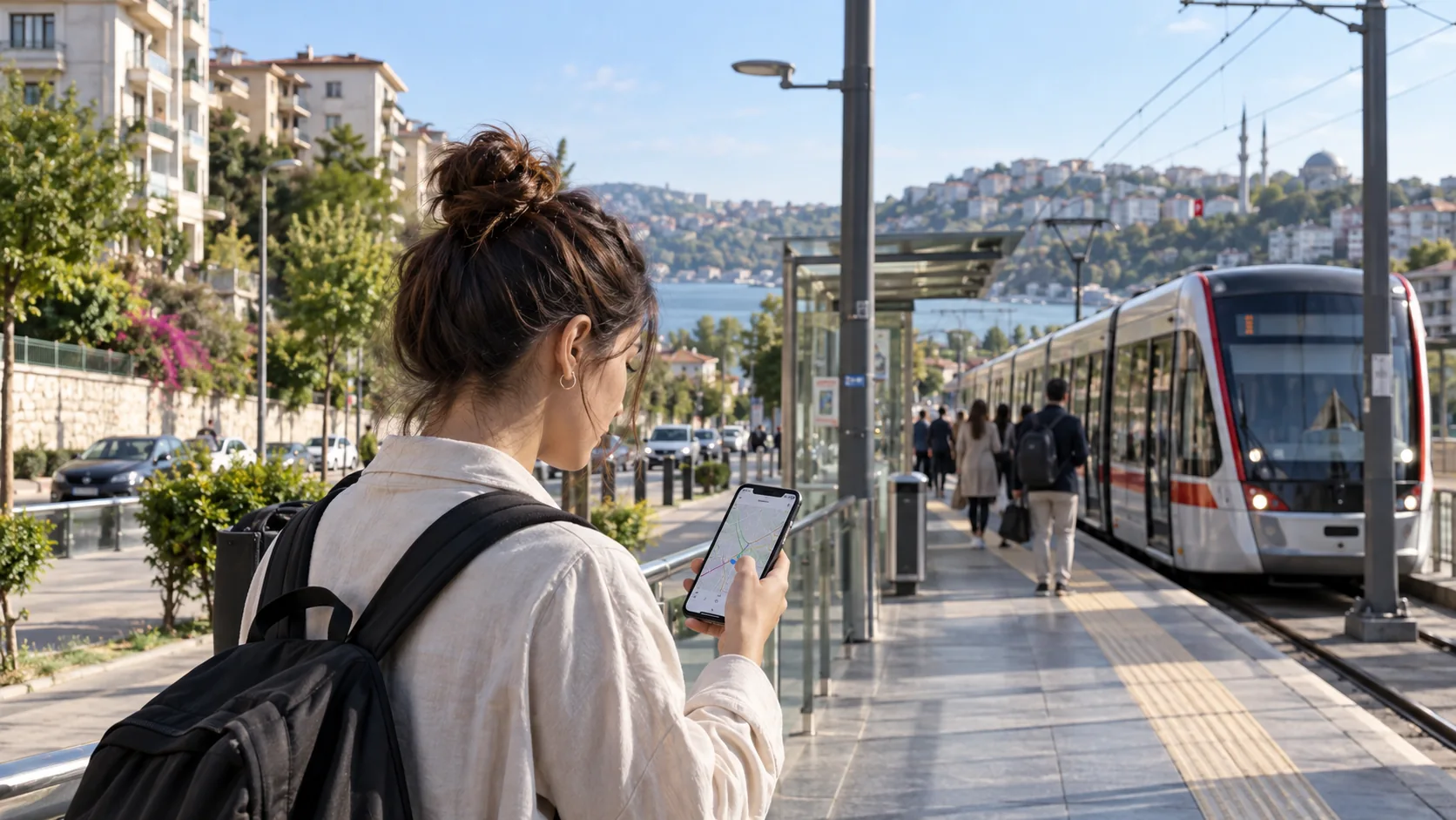 Yerleşim bölgesindeki tramvay durağında ulaşımı kontrol eden öğrenci